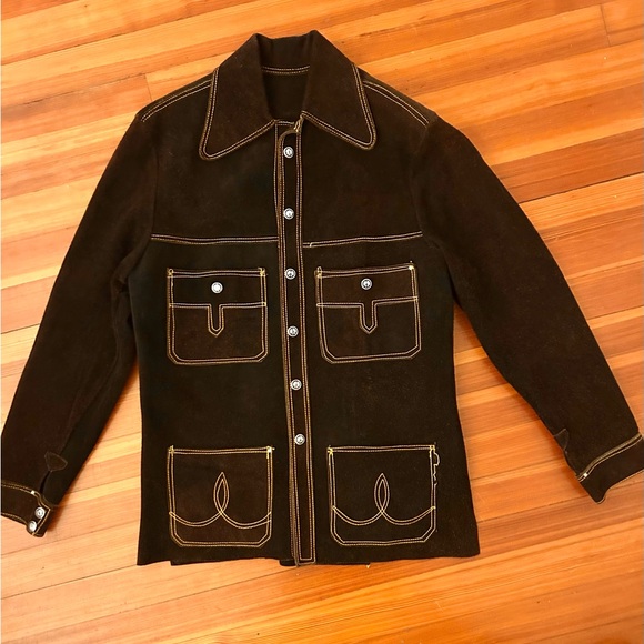 Boho Chocolate Brown Suede Vintage 70s Jacket, Snaps with Peace Signs Size S/M - Picture 1 of 9